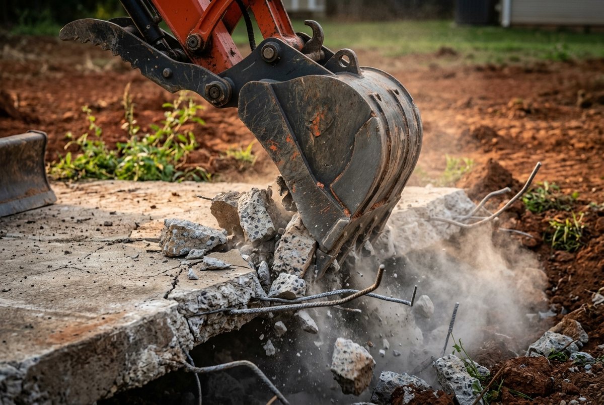 Excavator demolishing a slab