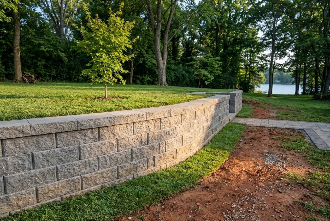 Finished segmental retaining wall holding a lakeside yard grade.