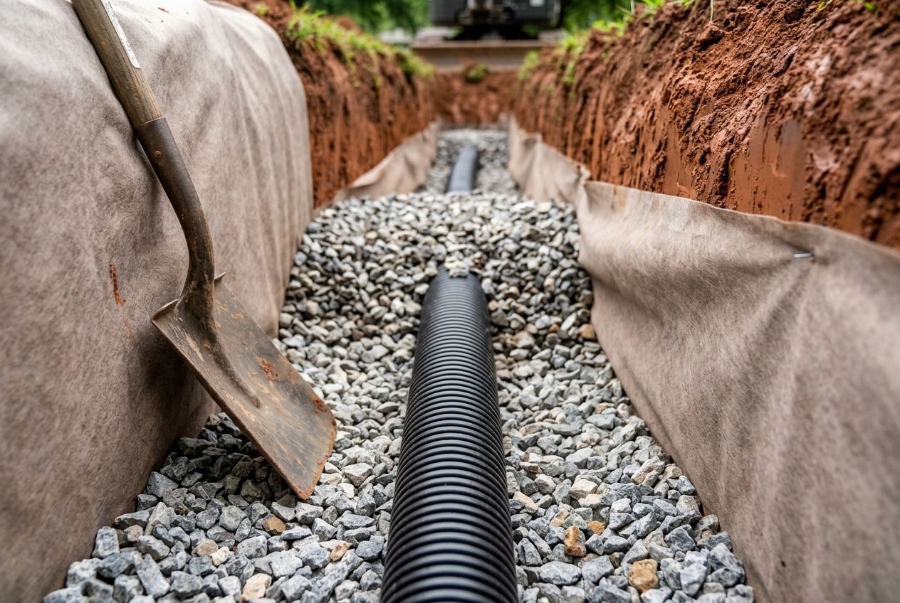 Filter fabric, stone, and perforated pipe in a yard trench.