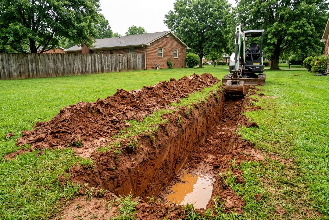 Open drainage trench in red clay lawn.