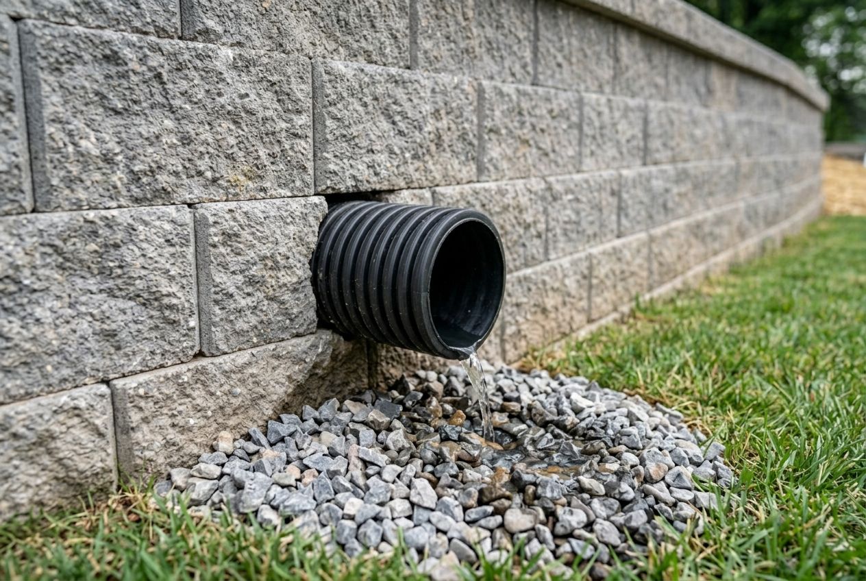 Wall drain pipe daylighting onto a gravel splash pad.