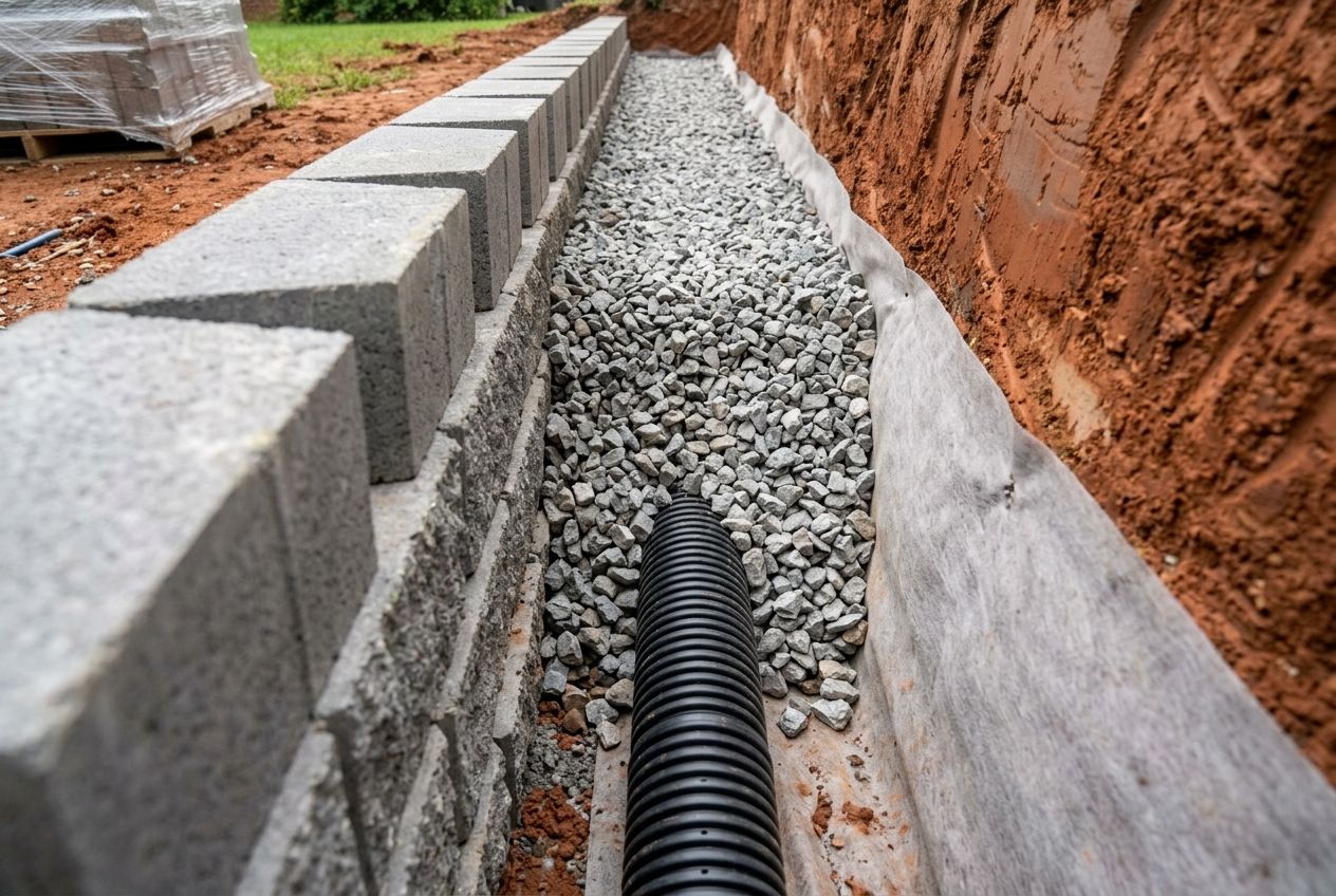 Drain stone and perforated pipe behind a segmental retaining wall.