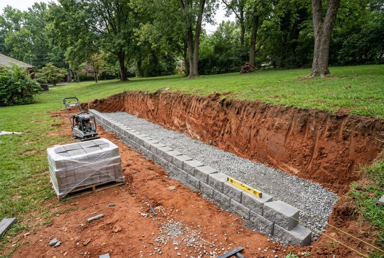Retaining-wall excavation in clay with the first block courses.