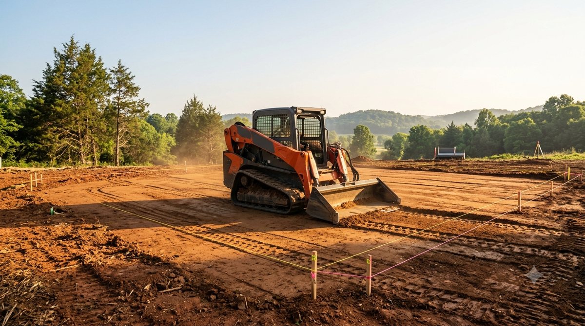 Skid steer grading a pad