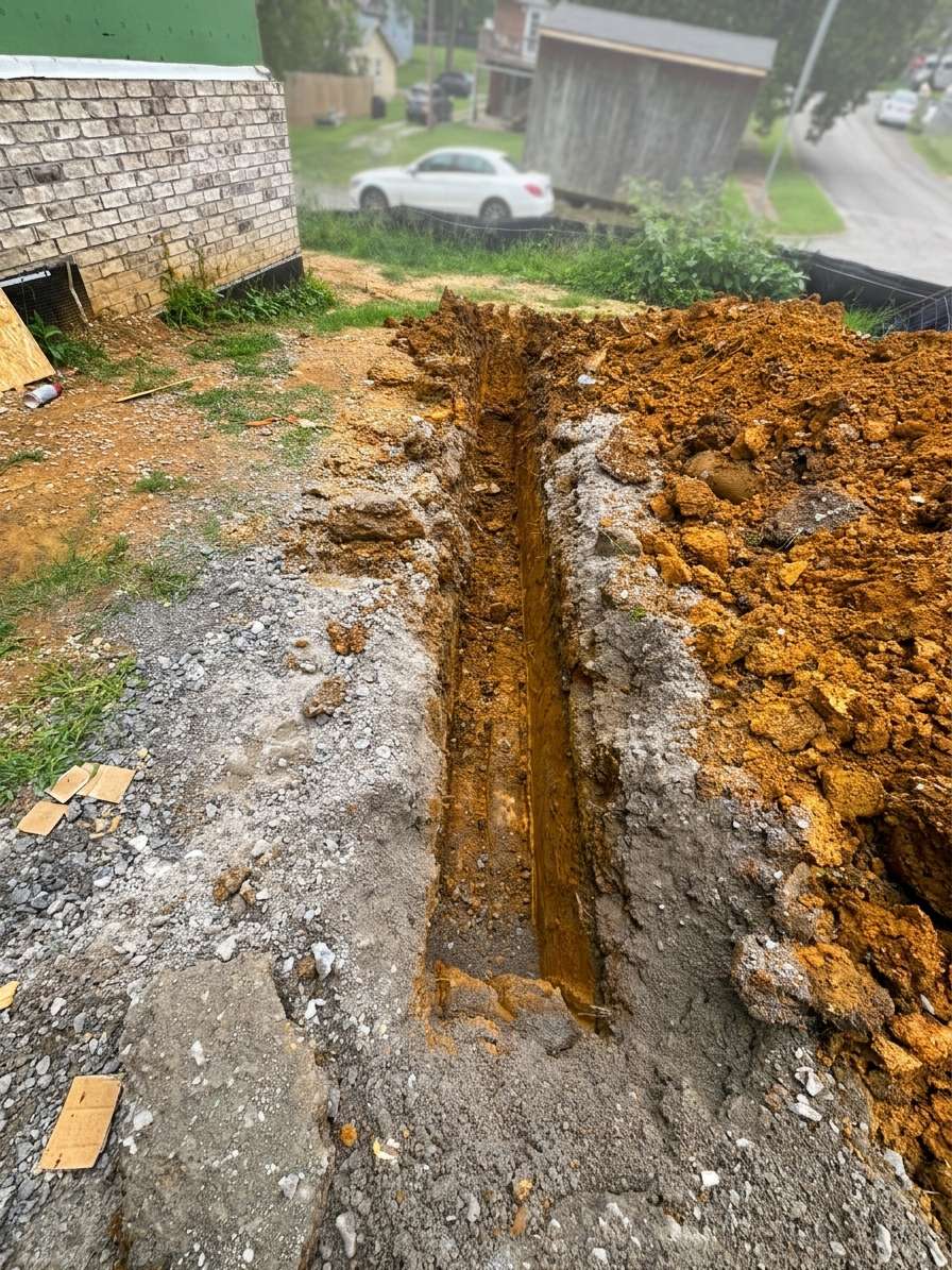 Open trench and clay grade on a residential lot.