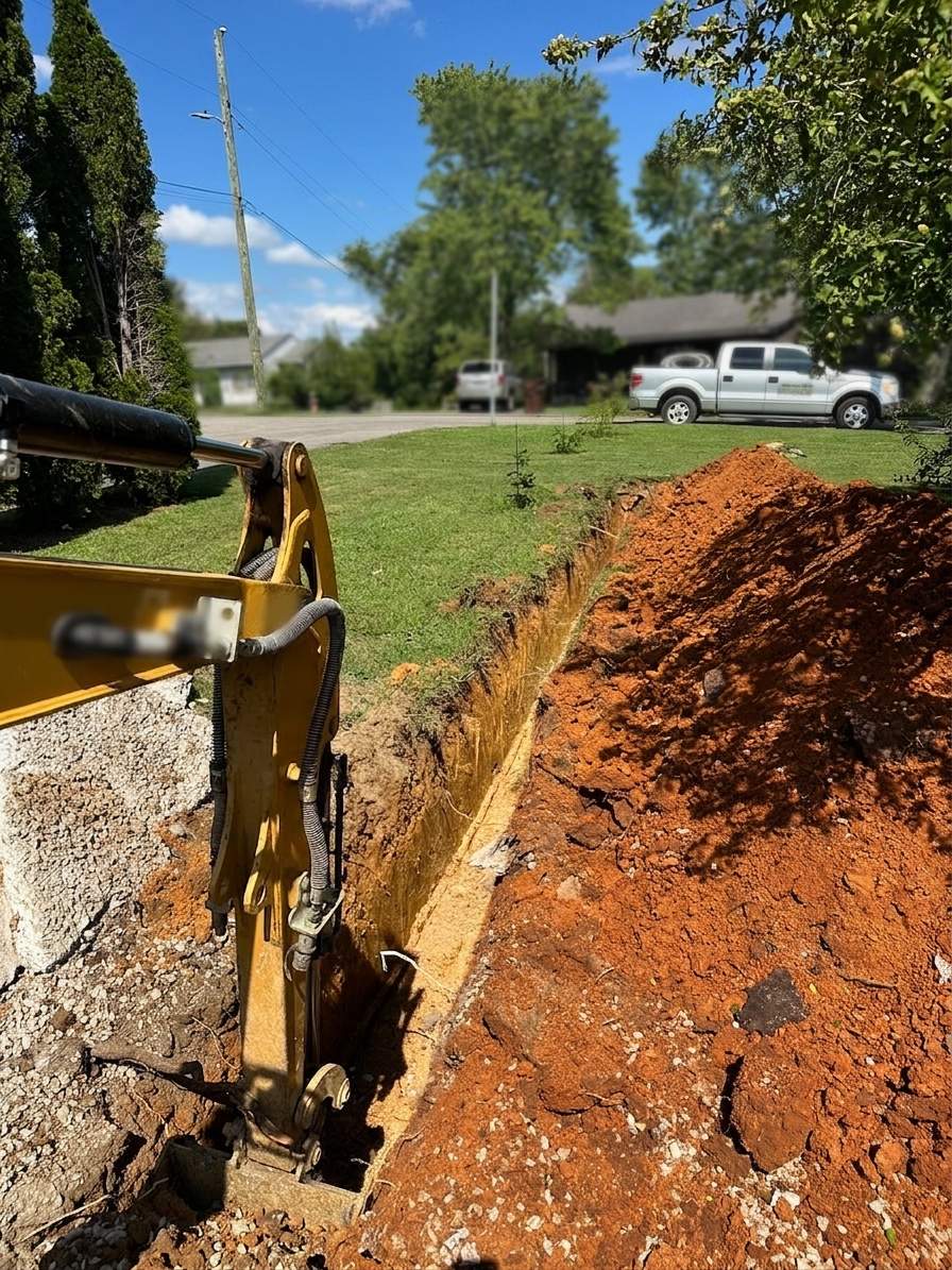 Mini-excavator opening a drainage trench in a lawn.
