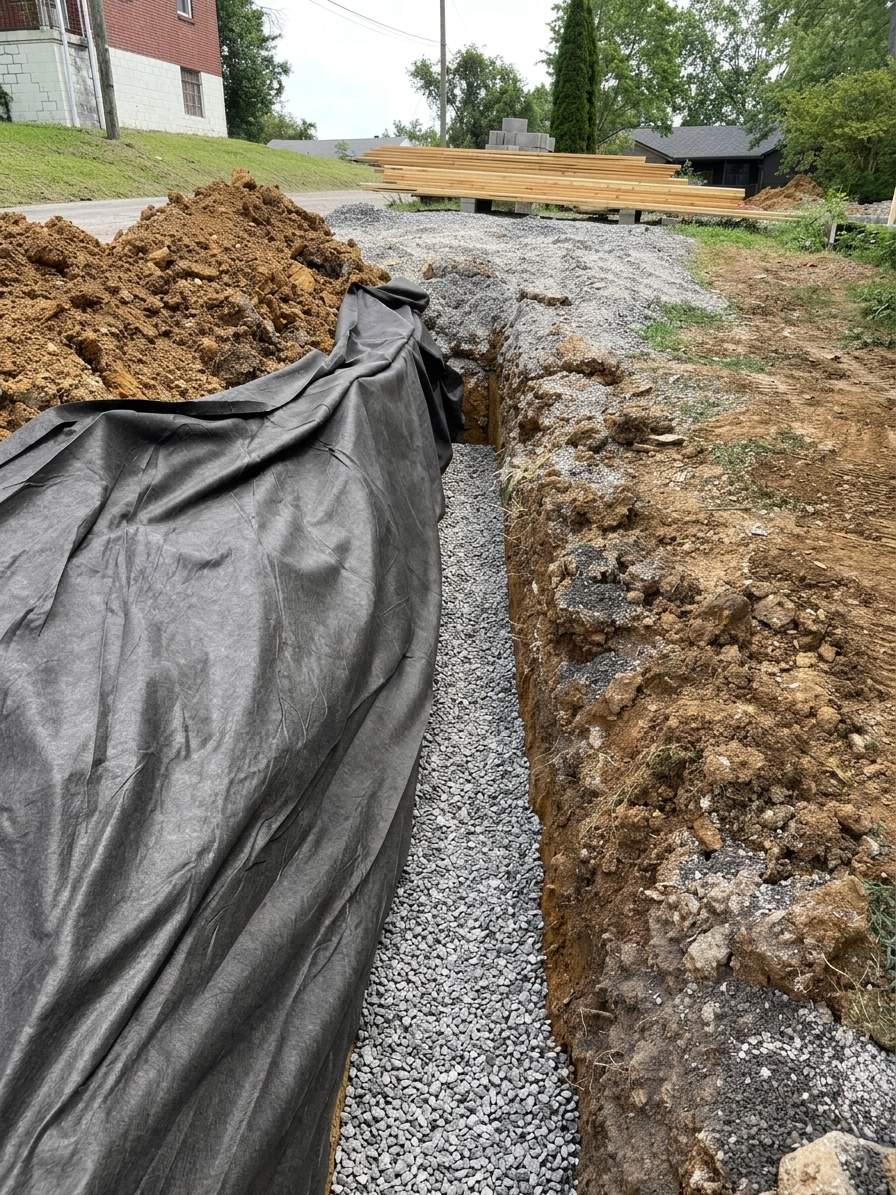 Open drainage trench with fabric and a stone bed.